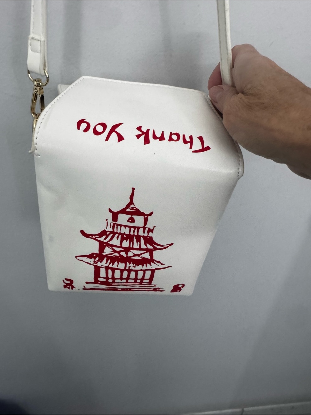 White Crossbody Bag with Red Pagoda Print - Picture 4 of 7
